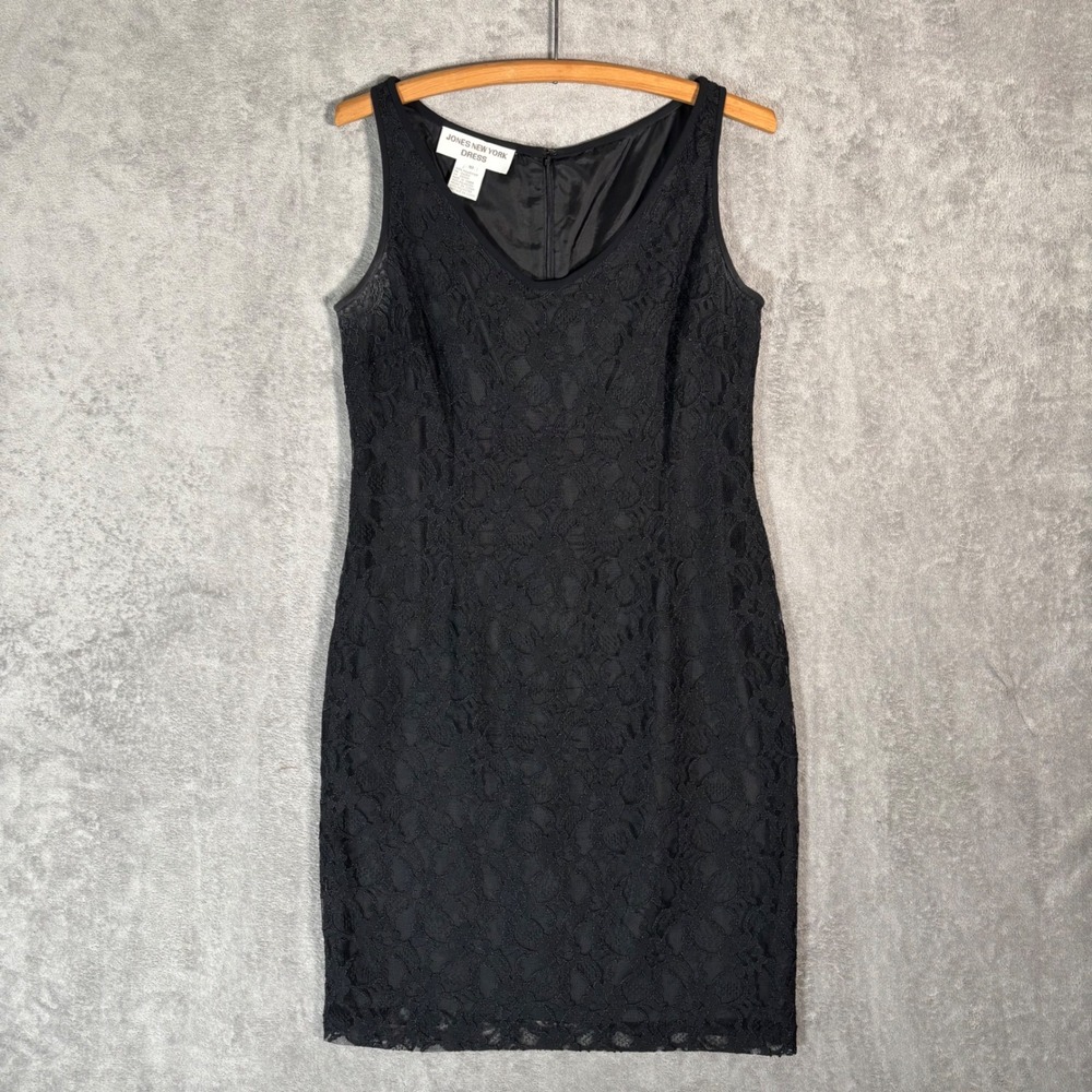 Vntg Jones New York Dress Black Floral Layered Lace Sheath V-Neck Size 10 Gothic